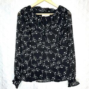 Dark romantic fairy ruffled sheer lined black Loft top with heart motif, M